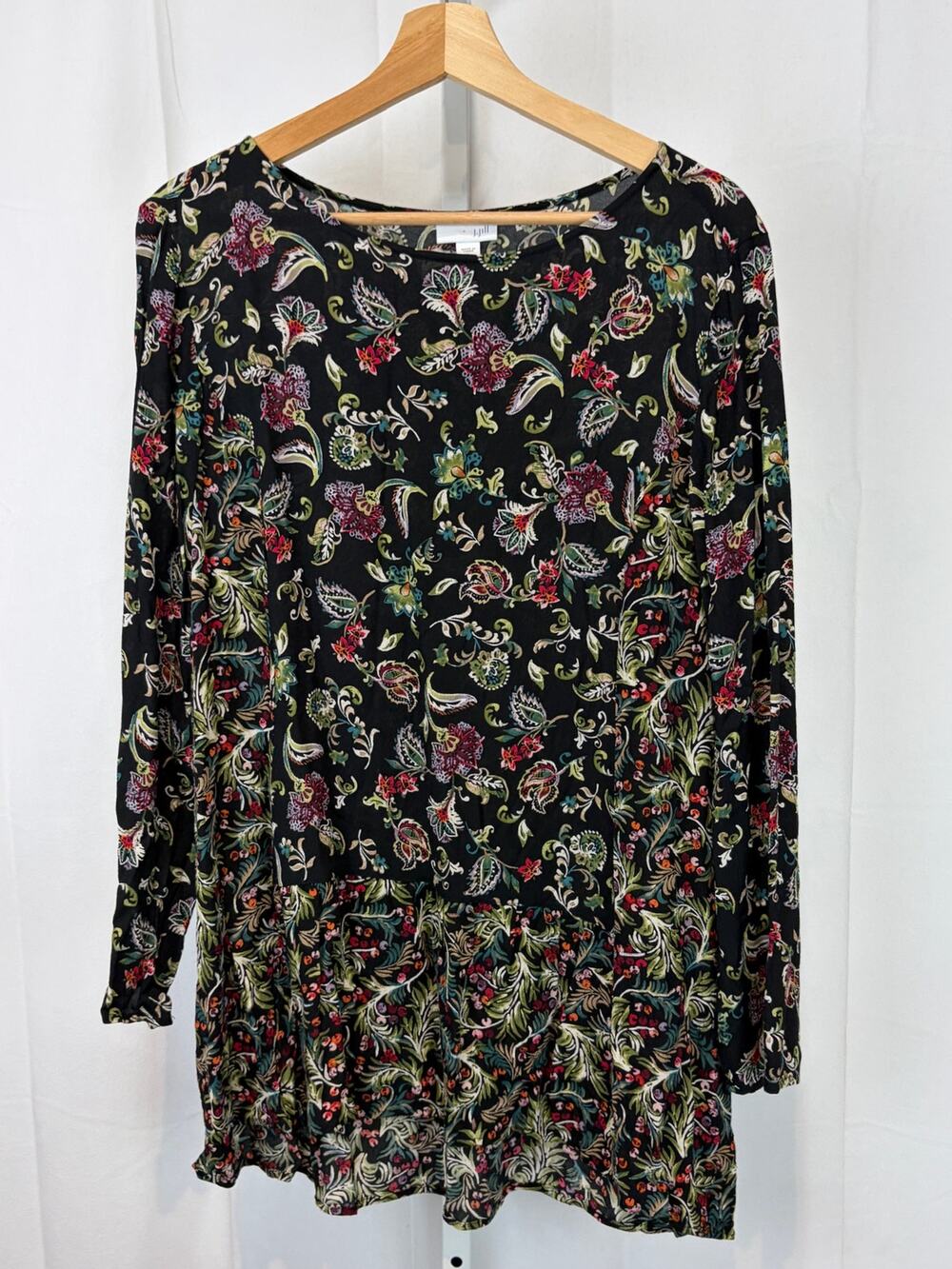 J. JILL Floral Popover Tunic Top Long Sleeve Rayon Black Multicolor Size L